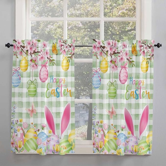 Happy Easter Kitchen Curtains 45 Inches length, Spring Bunny Eggs Flower Sage