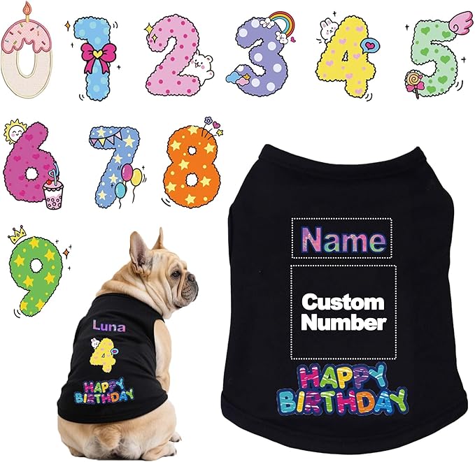 Custom Dog Birthday Shirt,Personalized Pet Apparel Print with Name Age Number,Pet Birthday Outfit,Lightweight Breathable Cotton Vest for Small Medium Large Dogs Cat (Black, 3X-Large)