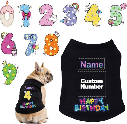 Custom Dog Birthday Shirt,Personalized Pet Apparel Print with Name Age Number,Pet Birthday Outfit,Lightweight Breathable Cotton Vest for Small Medium Large Dogs Cat (Black, 3X-Large)