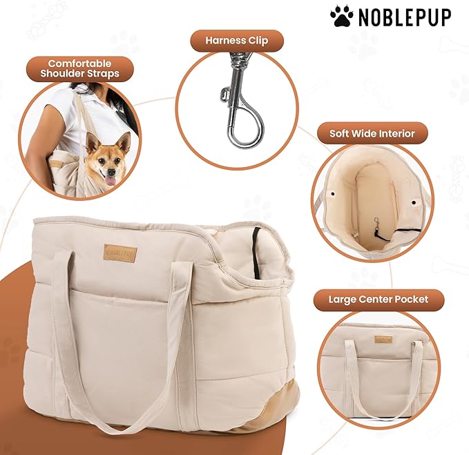 NoblePup Plush Dog Purse Carrier for Small Dogs, Soft Tote Bag with Safety Harness Clip, Cozy Pet Carrier for Dogs Under 15 lbs, Comfortable Dog Shoulder Carrier for Travel, White 2.0