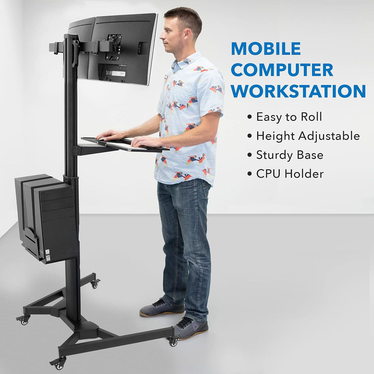 Mount-It! Dual Monitor Computer Cart – Mobile Standing Desk with Wheels, Rolling Workstation with Keyboard Tray, CPU Holder, and Adjustable Screen Mount for Office, Medical, or Warehouse