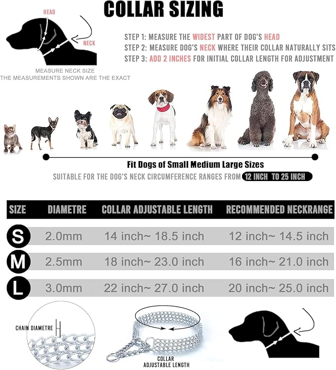 Silver Dog Choker Collar,2 Rows Stainless Steel Dog Chain Cuban Link Metal Martingale Collar Heavy Duty Training Choke Collar for Small Medium Large Big Breed (Silver, L(Neck Max 20inch) D3.0mm)