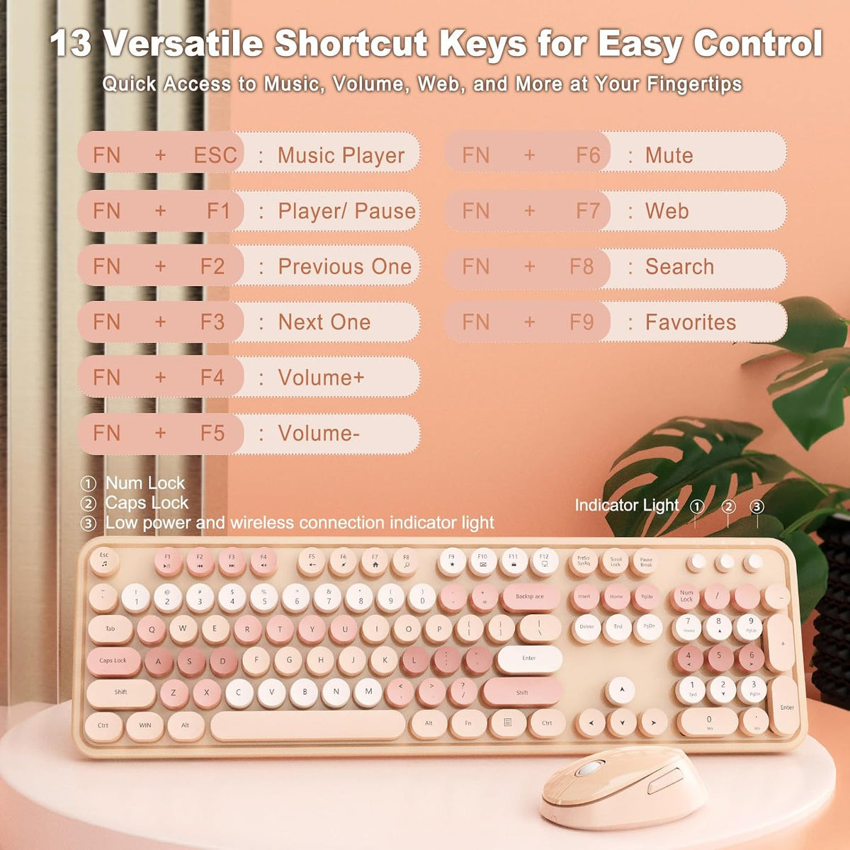 HotFox Wireless Keyboard and Mouse Combo, Full-Size Retro Typewriter Keyboard with Round Keycaps, Ergonomic Design for Windows PC, Home and Office Use -Brown