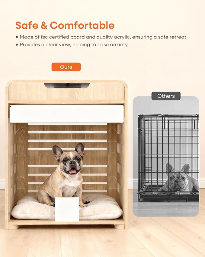 Modern Dog Crate Furniture with Charging Station Medium Kennel Indoor with Flip-up Hidden Acrylic Door for Small and Medium Breeds up to 50lb Wood Pet End Side Table Cage, Oak