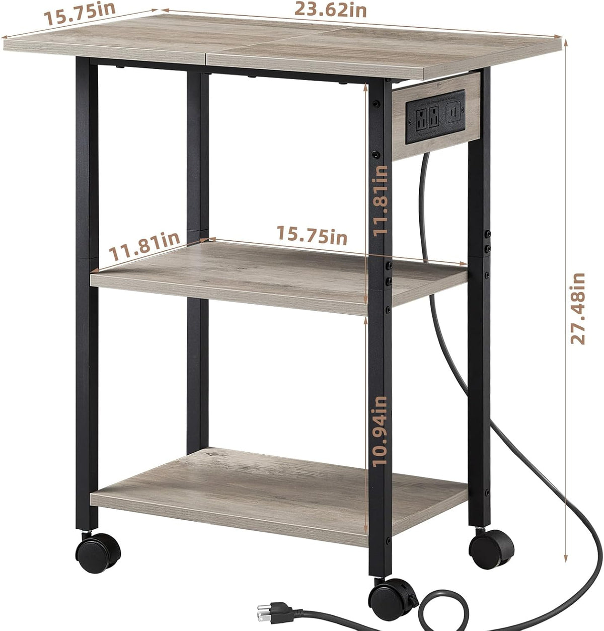 Lerliuo 3-Tier Printer Stand with Charging Station, Rolling Printer Table