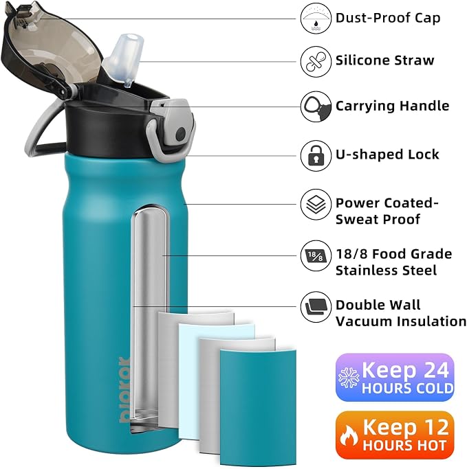BJPKPK 18 oz Water Bottle with Straw & Handle, Insulated Stainless Flask | Leak