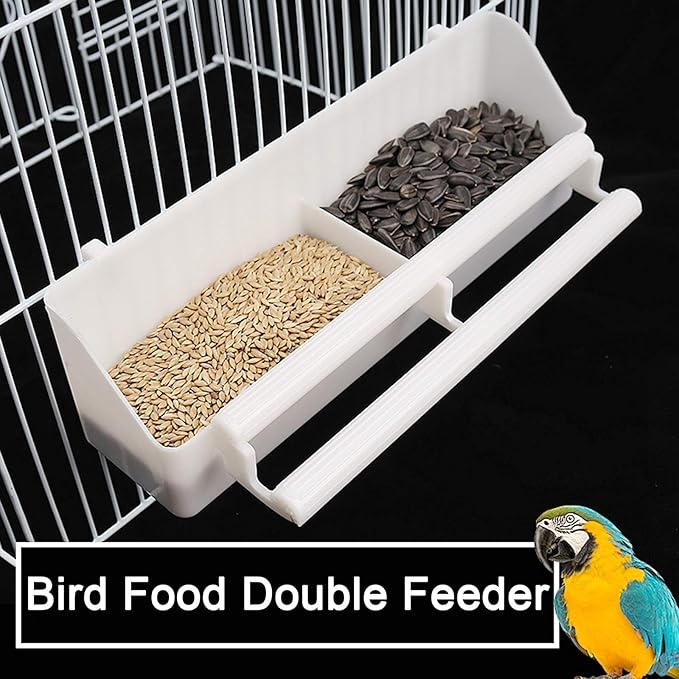 6pcs Bird Feeder, Pet Birds Food Double Plastic Seed Water Dish Dispenser Standing Frame Plastic Food Cup for Parrots Cockatiel Pigeon Sparrow Bird Cage Bowl with 6 Spoons