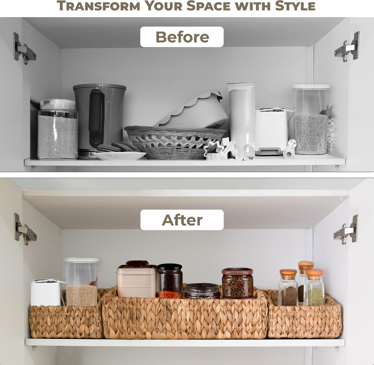 KOKODO Rectangular Wicker Storage Baskets for Shelves, Set of 3 Water Hyacinth Woven Bins with Handles, Open Front Pantry Shelf Organizer for Closet, Bedroom, Boho Decorative, Natural
