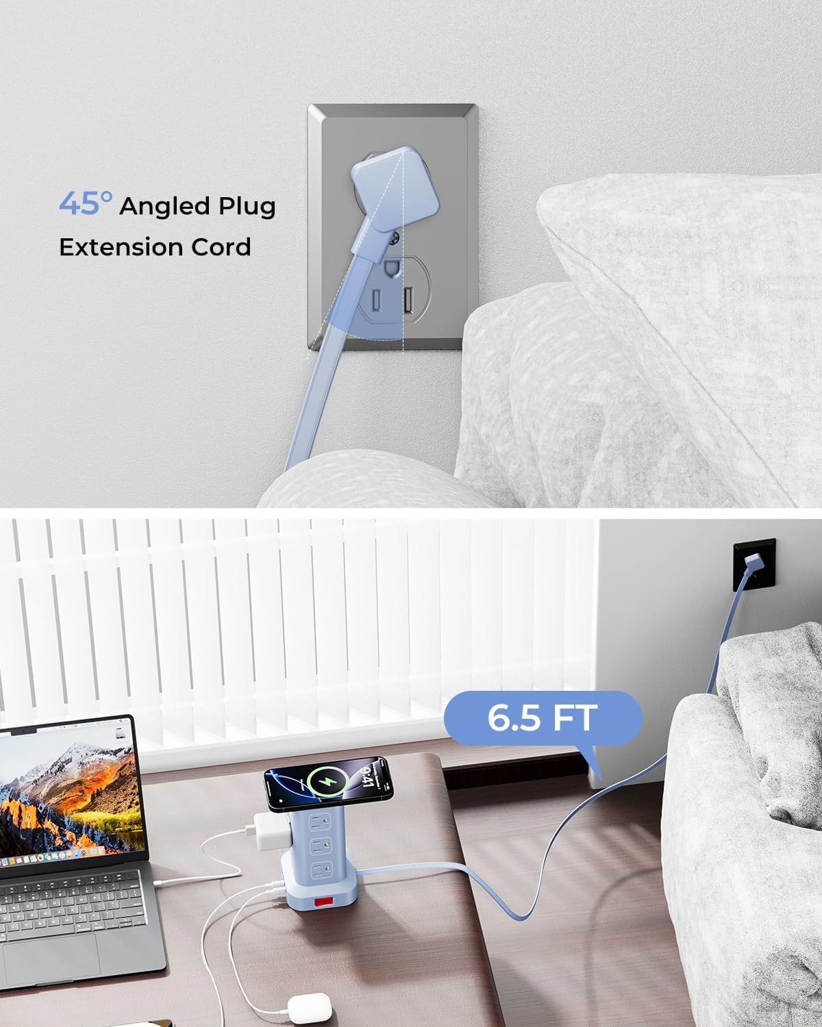 Blue Power Strip with 12 Outlets 4 USB (1 USB C), 6.5Feet Extension Cord with Multiple Outlets, Charging Station, Power Strip Tower, Home Office Desk Supplies