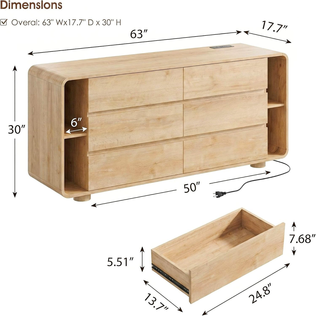 Whalefall 63 Inch 6 Drawer Dresser with Shelves Rounded Corner, Natural Oak