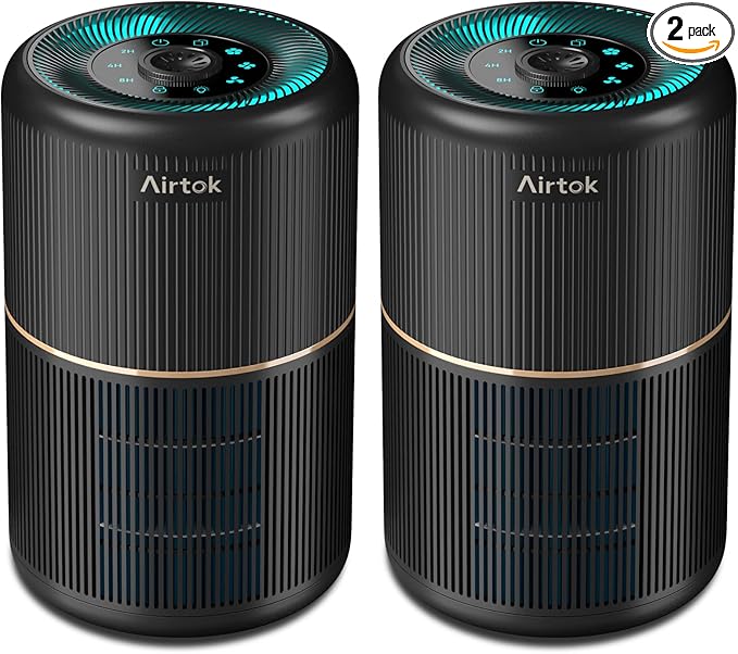 AIRTOK 2 Pack Air Purifier for Home Bedroom, Office Desktop Air Cleaners with 12pcs Fragrance Sponge, H13 HEPA Filter, 4 Stage Filtration up to 376 sqft Black Available for California