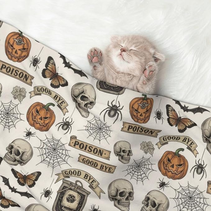 Double Sided Plush Pet Blanket for Small Large Animals, Vintage Skull Skeleton Spider Web Witch Board Gothic, Reversible Throw with Dimpled Dot Side and Flat Side for Kennels Living Rooms