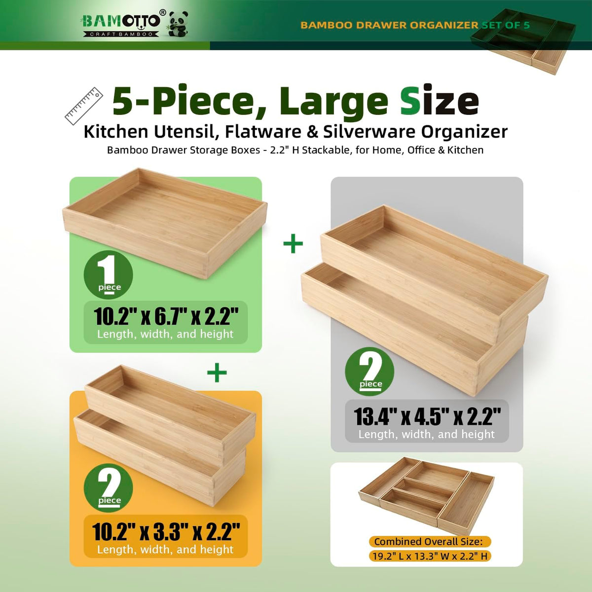 BAMOTTO CRAFTBAMBOO Stackable Bamboo Drawer Organizer Set of 5 for Kitchen