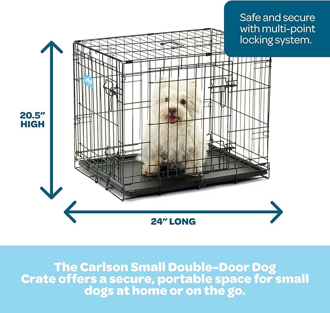 Carlson Pet Products Double Door Metal Dog Crate with Divider, Small 24" Dog Crate for Small Dogs & Puppies, Foldable Collapsible Dog Kennel with Removable Tray, Wire Dog Cage for Training & Travel