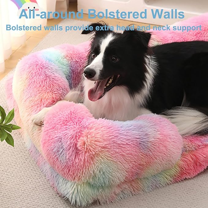 Dog Beds Large Sized Dog Orthopedic, Sofa Dog Bed with Waterproof Lining and Nonskid Bottom, Rectangle Washable Dog Bed for Medium Small Dogs Cats (Color : Rainbow, Size : 23 x 18)