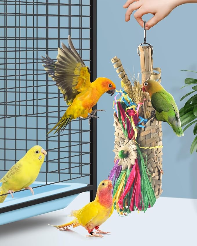 Bissap Bird Chew Toys, Parrot Foraging Shredder Natural Palm Frond Woven Bag Hanging Cage Toy with Chewing Treats for Conure Budgie Cockatiel Cockatoos and Similar Sized Pet Birds