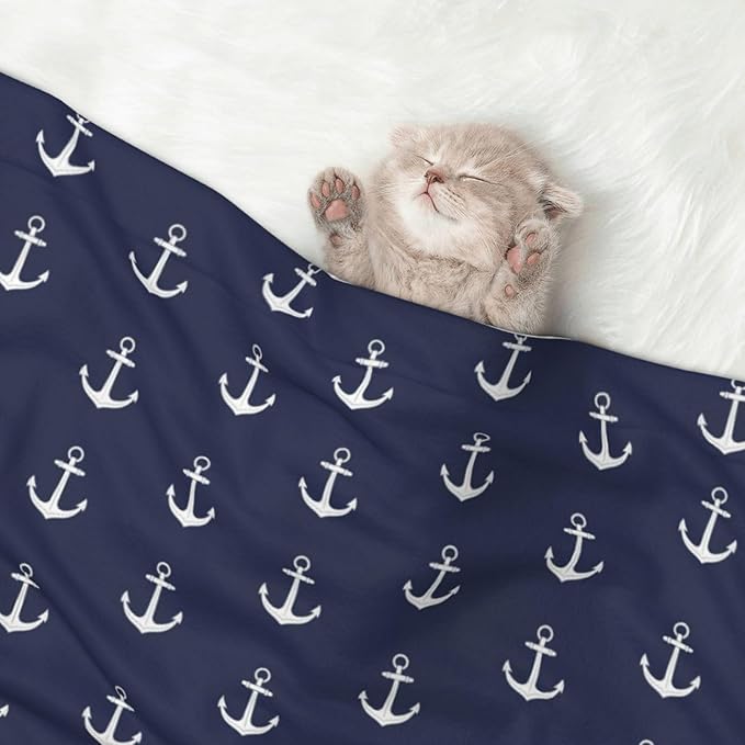 Double Sided Pet Throw for Dogs Who Shed, Nautical Anchor Navy, Reversible Blanket with Nubby Dot Side Catches Loose Fur for Easier Furniture Cleanup