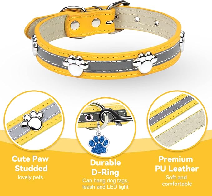 PETCARE Reflective Dog Collar with Cute Paw Rivet Studded Funny Soft PU Leather Adjustable Puppy Dog Collars for Small Medium Large Dogs Cats (Yellow,Medium)