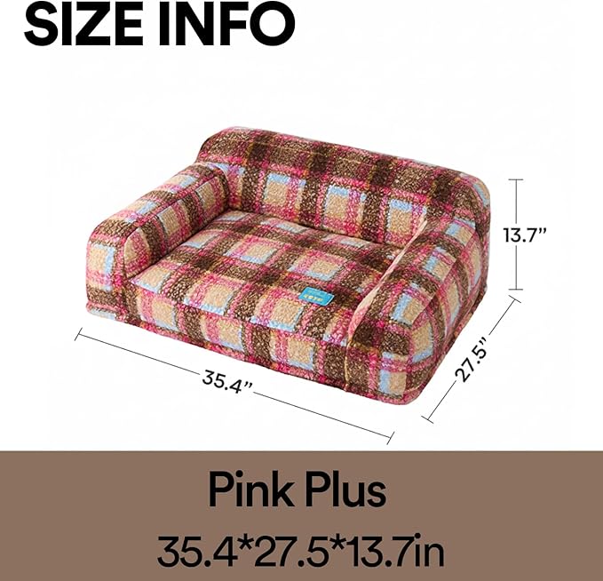 ZEZE Vintage Furniture Style Sofa Pet Bed - Washable Plush Dog & Cat Couch, Retro Style Pet Furniture, Soft Cozy Support for Pets (Large, Pink Plus)
