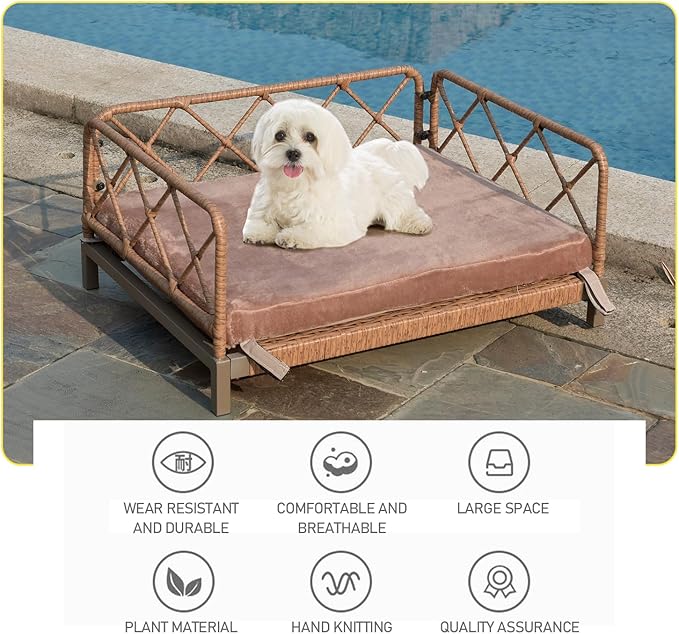Boho Rattan Dog Bed, Pet Sofa Couch Bed with Removable Cushions - Indoor/Outdoor Durable Pet Furniture for Small/Medium Dogs (Brown)