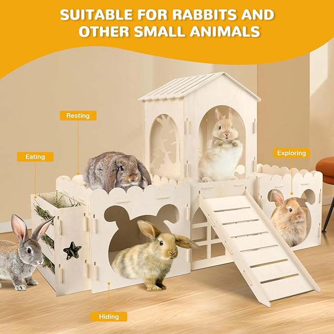 Large Rabbit Castle, Wooden Bunny House & Hay Feeder, Detachable Rabbit Hideaway, Indoor Rabbit Castle with Ramp, Small Animal Houses & Habitats