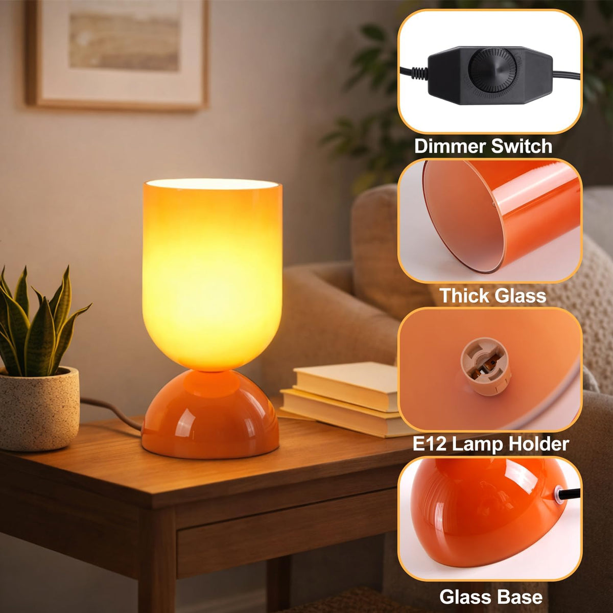 8.9" Dimmable Modern Glass Table Lamp with Dome Base, Glossy Orange