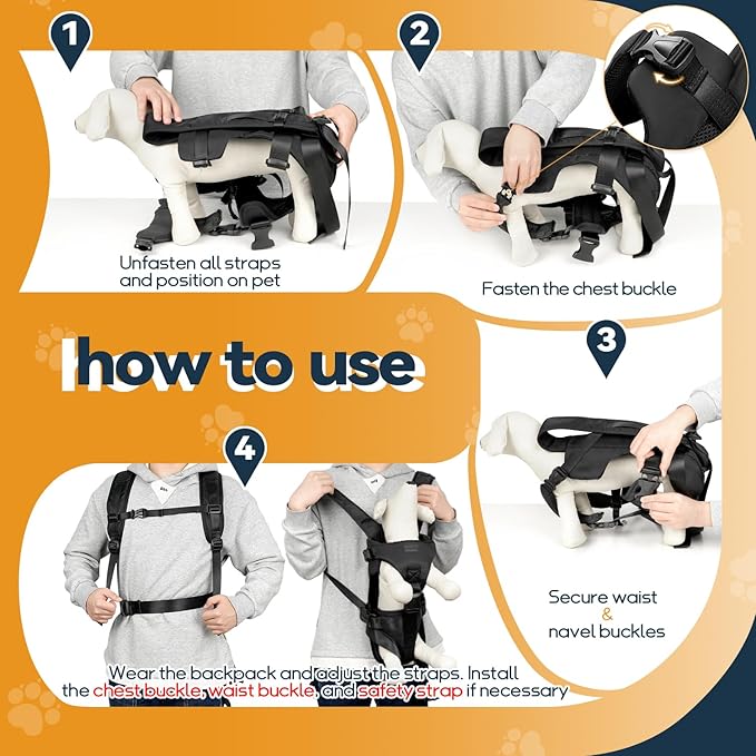 Dog Front Carrier Backpack, Legs Out Secure-Fit Pet Chest Carrier for Small Dogs (6-24 lbs), Adjustable Pet Carriers with Safety Belt, Hands Free Dog Backpack Carriers for Hiking Cycling (L, Black)