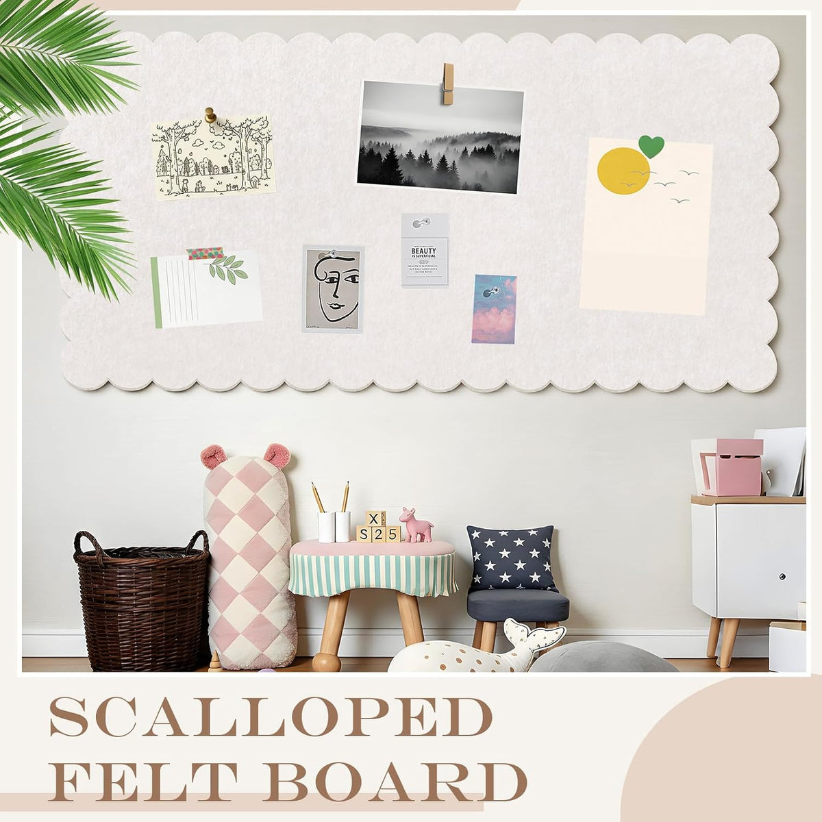 Mooliwe Scalloped Felt Bulletin Cork Board Foldable Beige 96 x 48 Inch