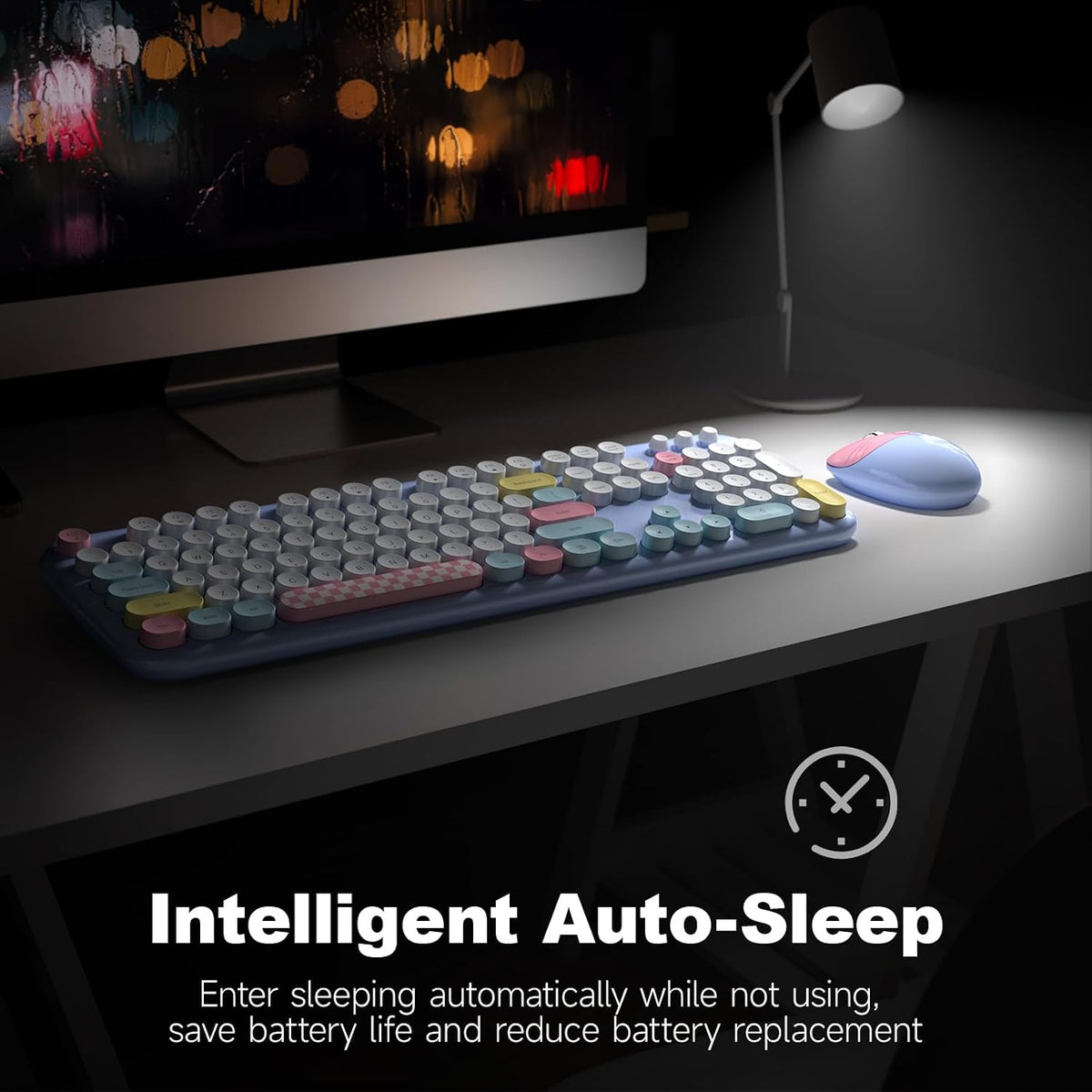 Retro Wireless Keyboard and Mouse Combo, SQMD Full-Size Office Typewriter Keyboard with Round Colorful Keycaps, 2.4G Cute Quiet Mouse for Windows PC, Home, Office, and College - Blue