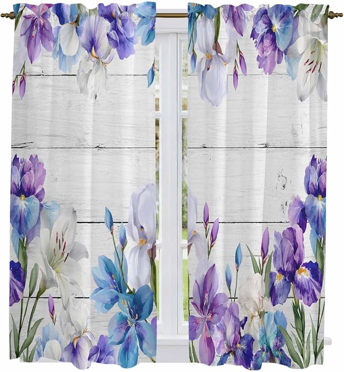 Spring Flowers Kitchen Curtains, Watercolor Garden Florals Wooden Grain Light