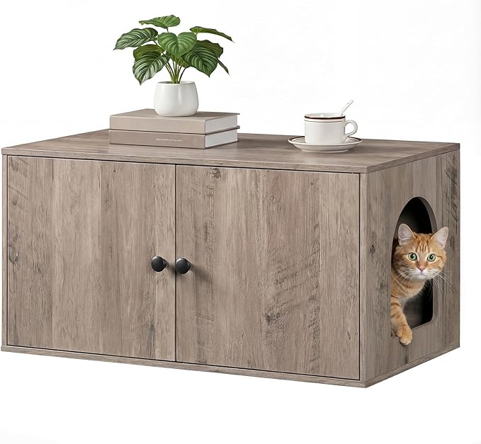 HOOBRO Cat Litter Box Enclosure, Hidden Litter Box Furniture with Side Entry, Litter Box Cabinet, Indoor Cat House, End Side Table, 31.5"L x 17.7"W x 16.3"H, for Living Room, Bathroom, Greige BG40MW01