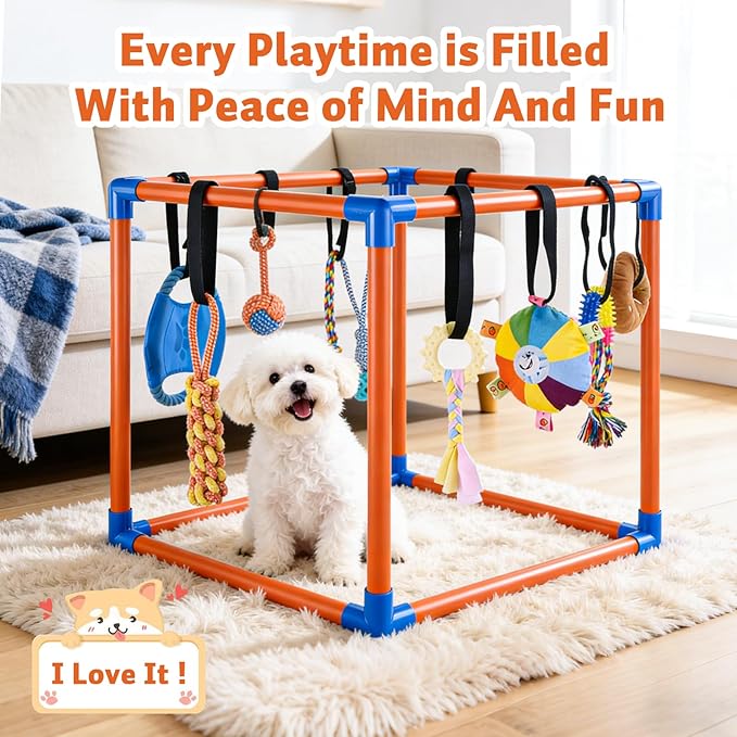 Puppy Play Gym for Small Dogs with 10 Hanging Squeaky Toys - Indoor Enrichment Activity Center with Climbing, Sliding & Interactive Toys, Jungle Gym for Puppy Play