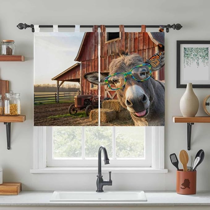 Farm Donkeys Kitchen Curtains 45 Inch Length, Short Cafe Window Curtains Tab Top