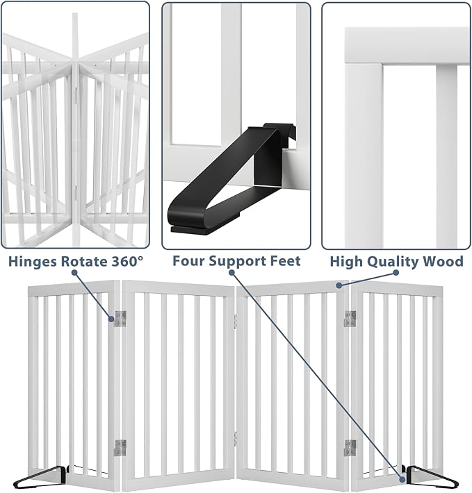 Wooden Dog Gate Freestanding Foldable Pet Gate 4 Panel Fully Assembled Dog Gates for Doorways House Stairs