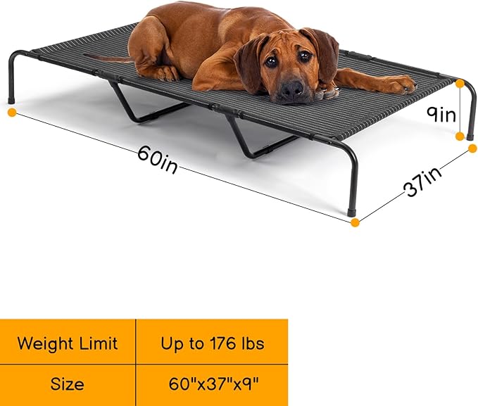 Elevated Dog Bed Raised Outdoor Dog Cot for Large Dogs, Pet Products Dog Cots Beds with Washable Cooling Breathable Mesh Anti-Slip Feet, Heavy Duty Durable Metal Frame, Cama para Perros 60" Black
