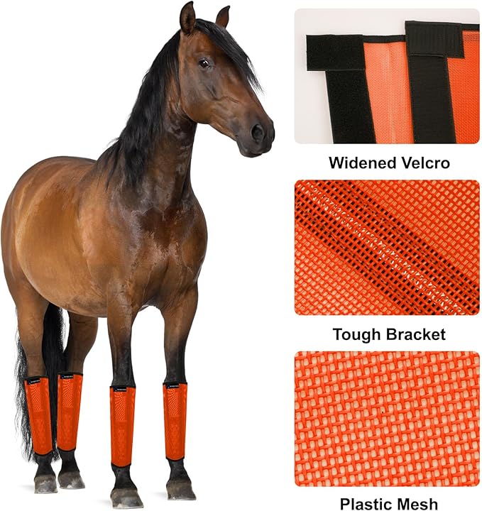 FOXLVDA Horse Fly Boots - Fly Boots for Horses Set of 4, Comfortable Horse Leggings, Mesh Material Design with Metal Support Bars for Reduces Stomping & Leg Fatigue (Orange, Medium)