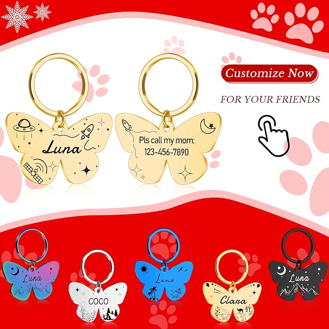 Custom Butterfly Dog Tag - Engraved Personalized Pet ID Tag for Dogs & Cats, Customizable Name, Text, 6 Colors & 3 Sizes, Durable & Cute Pet Collar Charm for Dog Lovers, Pet Mom Dad