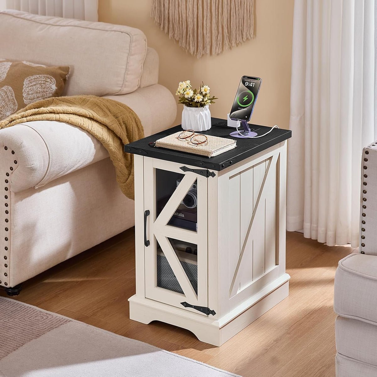 Joaxswe Narrow Night Stand with Charger Station, Glass Barn Door