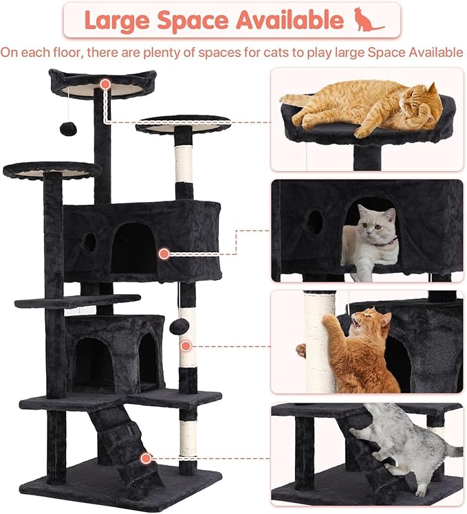 54in Cat Tree Cat Climbing Tower with Scratching Post, Cats House Perch Kitten Tree Condo Wood Playhouse, Pet Trees Tower for Indoor Cats, Dark Gray