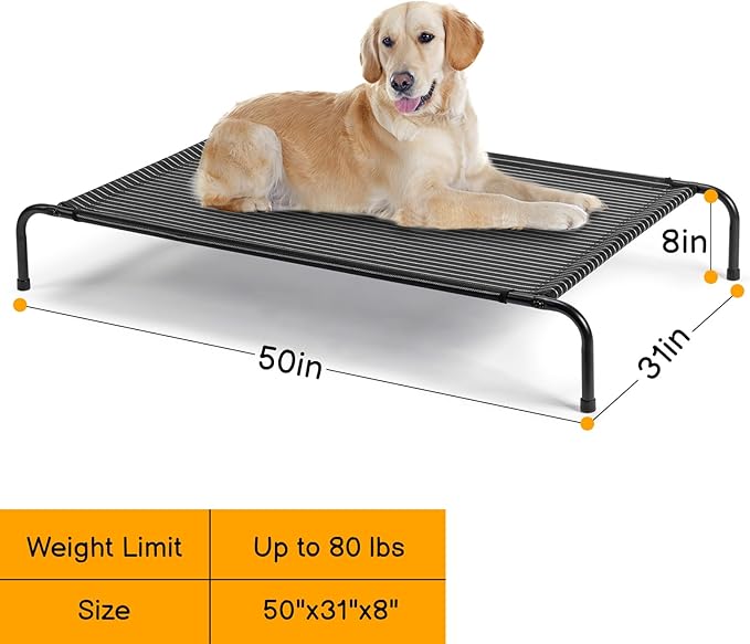 Elevated Dog Bed Raised Outdoor Dog Cot for Large Dogs, Raised Dog Hammock Cooling Bed, Frame with Washable Cooling Breathable Mesh Anti-Slip Feet, Indoor and Outdoor Pet Bed, 50 Inches Black