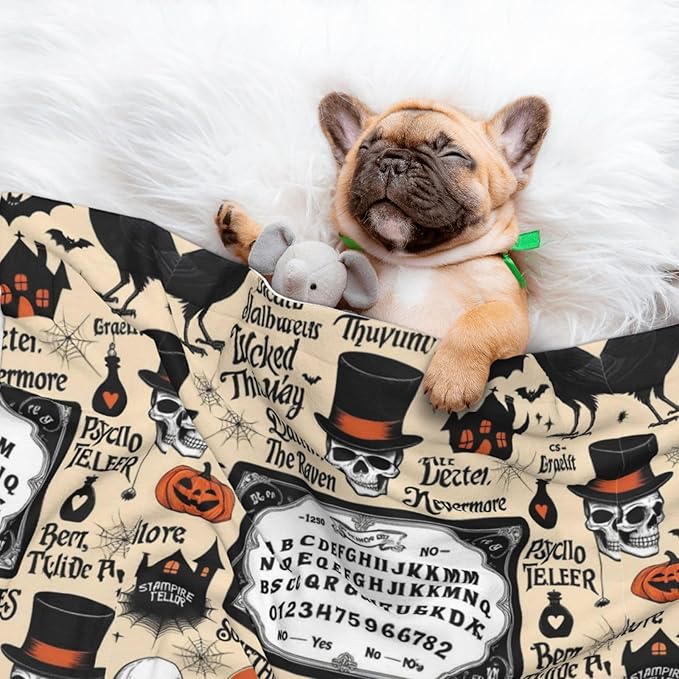 Reversible Plush Dot Pet Blanket, Halloween Witchcraft Witch Pumpkin Spider Web Bat Raven Magic Board Spirit Skull Skeleton Vintage Black, Ultra Soft Two Sided Throw for Dogs Cats Home Use Comfort