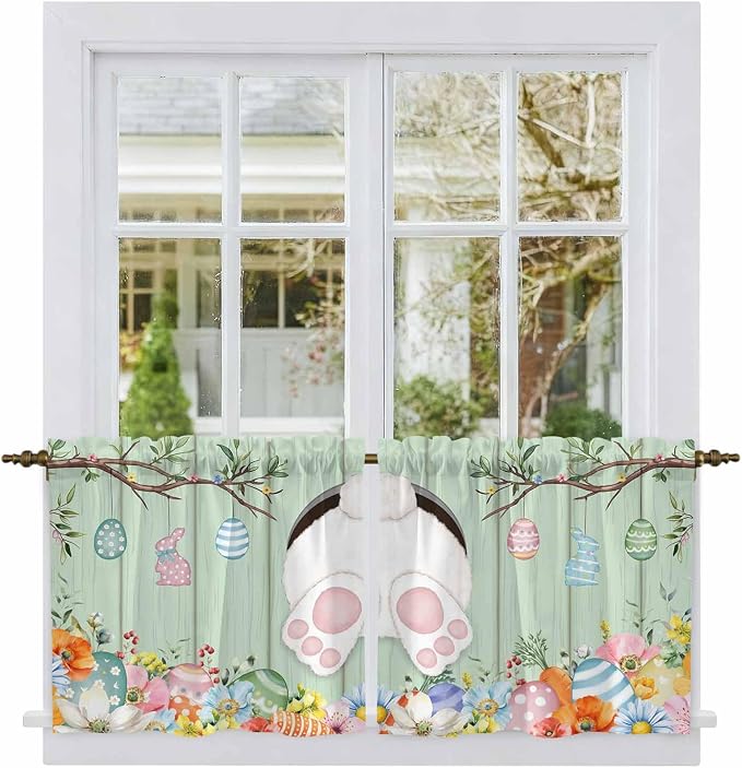 Easter Kitchen Tier Curtains 24 Inch Long 2 Panel Set, Rod Pocket Cafe Small