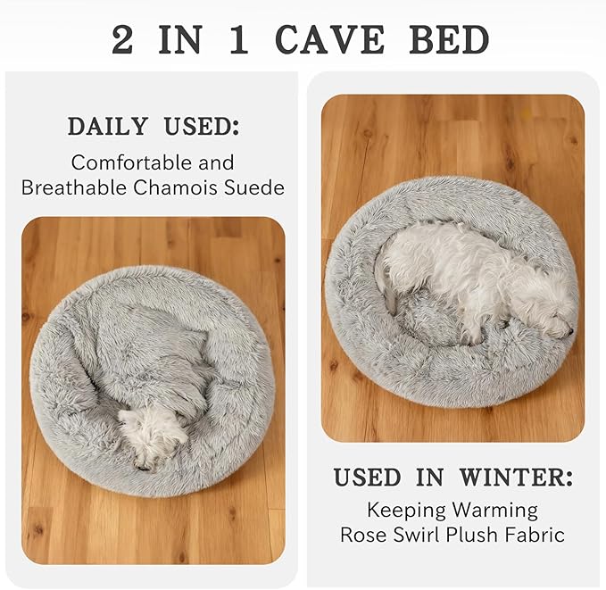 NOYAL Calming Dog Bed for Anxiety, Hooded Donut Cave with Blanket, Plush Fluffy Washable Pet Bed for Small Medium Dogs & Cats