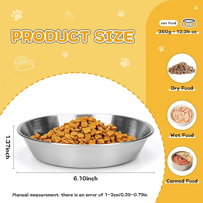 4-Pack Stainless Steel Cat Food Bowls, Shallow Whisker-Friendly Non-Slip Silicone Base Metal Dishes, Easy to Clean Indoor Water Flat Plates for Cat, Kitten, Small Dog (5.9")