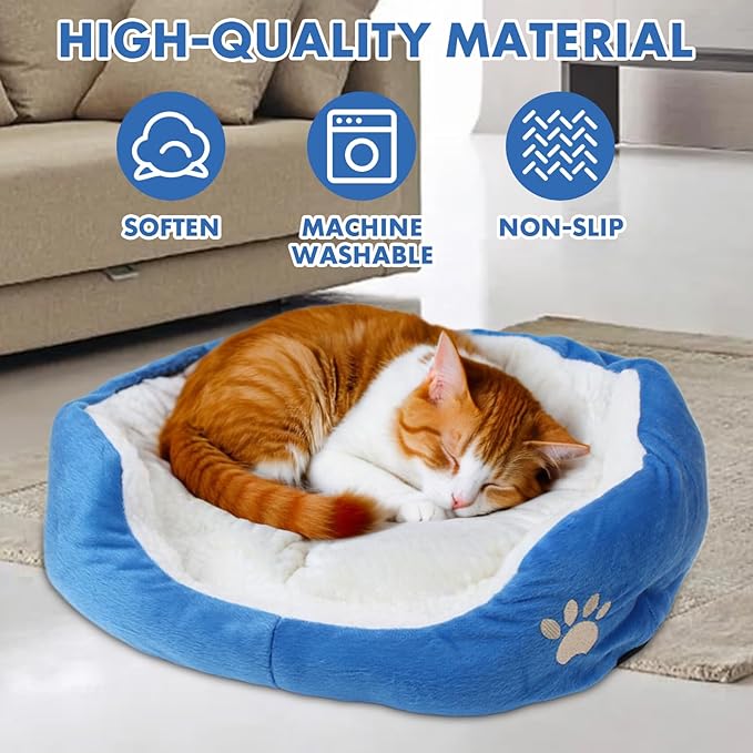 Round Dog Cat Beds Mattress Washable Pads Room, Soft Durable Plush Faux Fur Sleeping Pet Fleece Bed Mat for Small Doggy Kitten Puppy, with Anti-Slip Waterproof Bottom (Blue)
