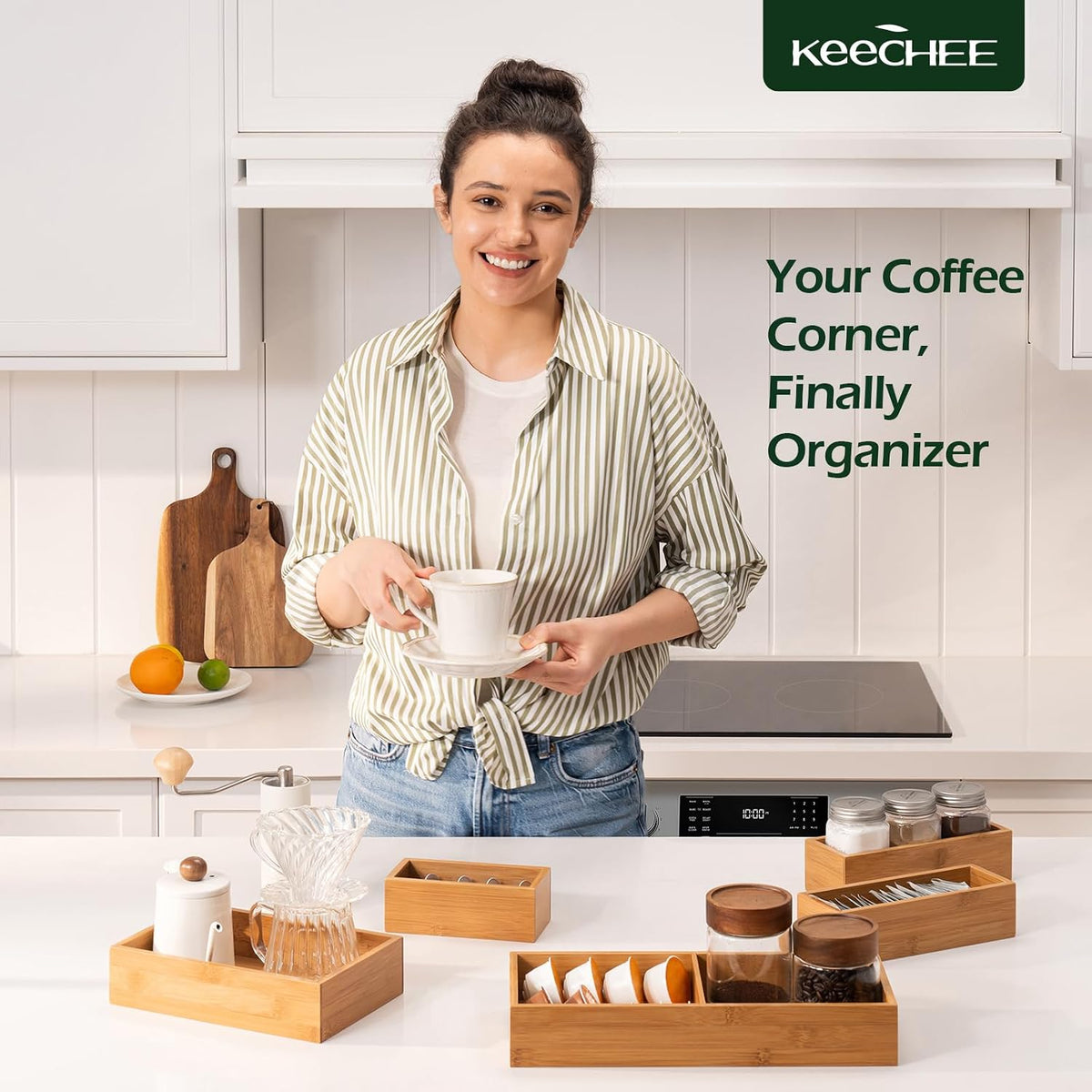 keechee 5-Piece Bamboo Drawer Organizer Set, 2.2" Deep Multi-Use Organizers for Utensils, Silverware, Cutlery, Desk, Bathroom, Junk Drawer & Makeup, Non-Slip Feet Included.