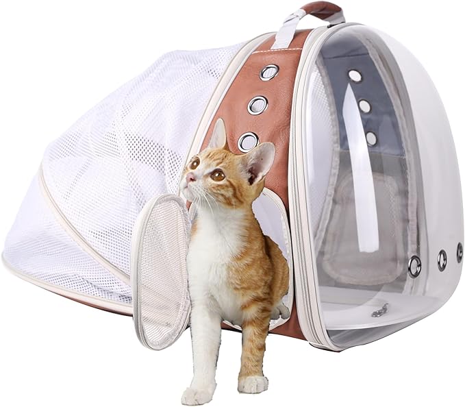 halinfer Back Expandable Cat Backpack Carrier, PU Leather Fit up to 12 lbs, Space Capsule Bubble Window Pet Carrier for Bunny Small Puppy, Backpack for Kitten