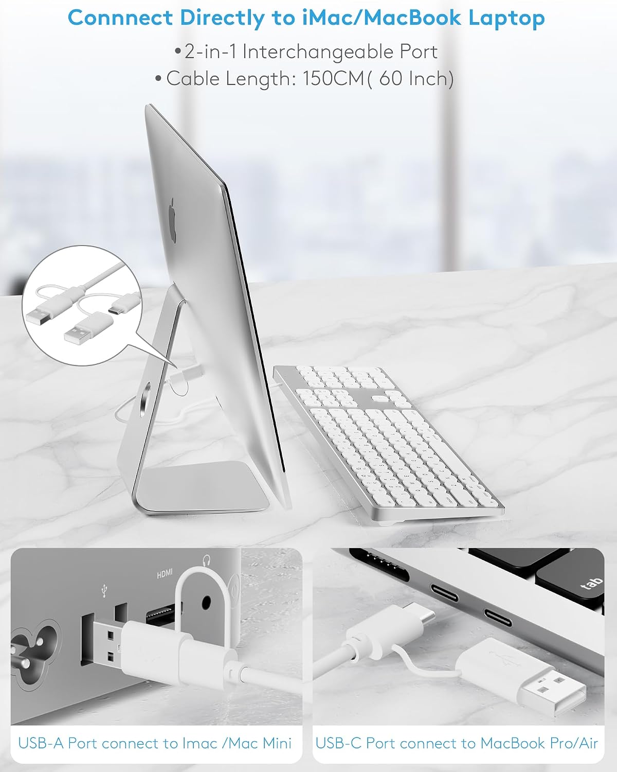 9H Aluminum USB Wired Keyboard with Numeric Keypad for Mac & PC