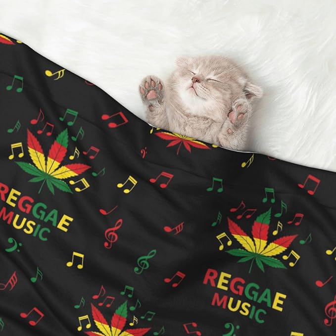 Two Sided Pet Cuddler Blanket for Anxiety Calming, Rasta Reggae Music Note Weedleaf Leaf, Reversible Plush Design with Bubble Dot Pattern Provides Familiar Surface Anywhere