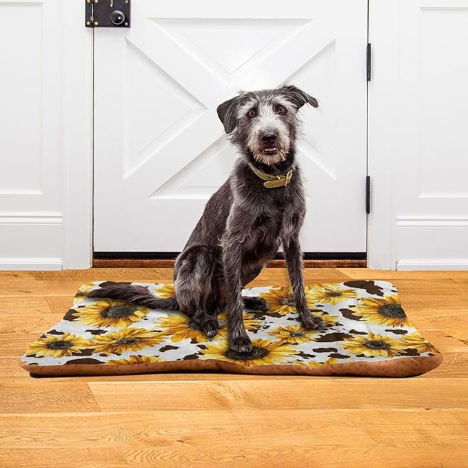 Retro Sunflower Dog Bed Mat - Brown Leopard Pet Kennel Washable Cat Crate Pad, Sleeping Mattress for Large Medium Small Dogs, 36x24 Inch